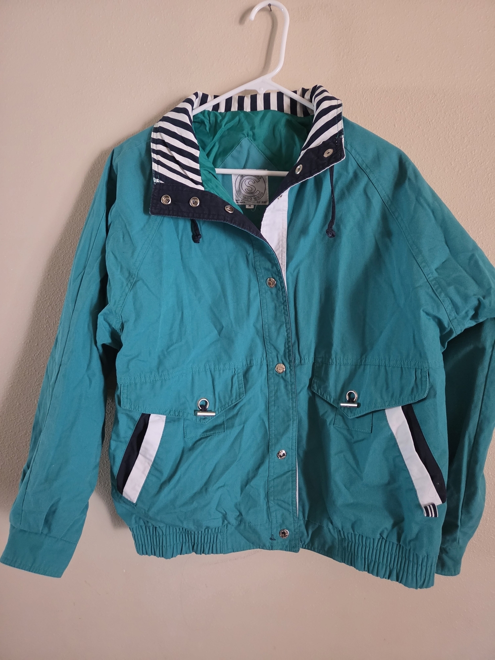 Teal Women's Windbreaker Jacket with Striped Hood